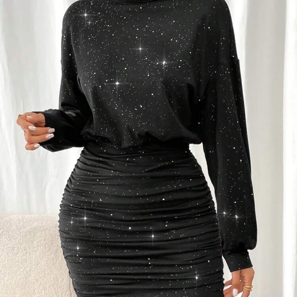 Two SHEIN Black and green  Embellished Ruched Mock Neck Dress